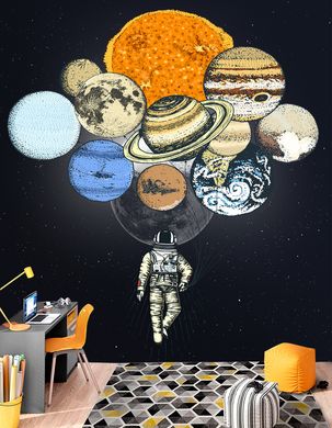 Astronaut cu o grămadă de planete în loc de baloane pe un fundal negru