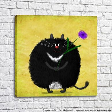 Круглый черный кот с цветочком