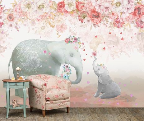 Elefant și pui de elefant pe un fundal roz cu flori