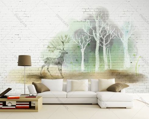 Siluetă a unei căprioare și copaci pe un zid de cărămidă albă