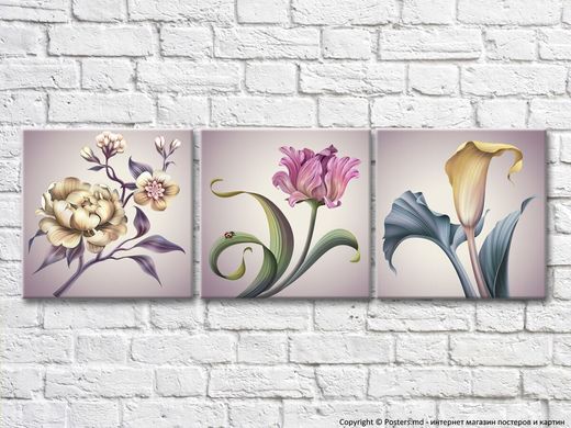 Triptic de flori pe fond violet