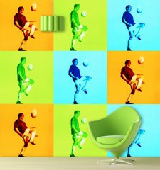 Футболист с мячом на разноцветных фонах, спорт