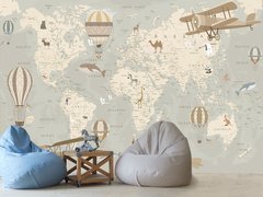 Harta lumii în culori pastelate cu animale și baloane