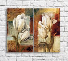 Белые тюльпаны маслом на фоне абстракции, диптих