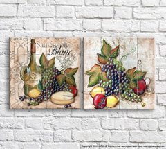 Вино, сыр и фрукты на фоне узоров, диптих