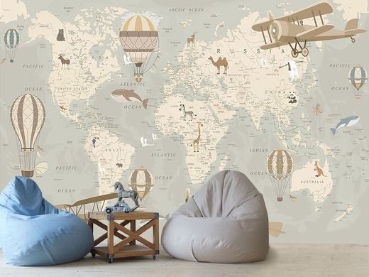 Карта мира в пастельных тонах с животными и воздушными шарами