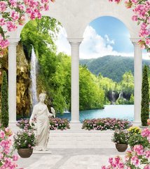 Фреска колонна, статуя и вид на водопады