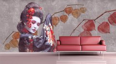 Geisha și ramuri de plante pe un fundal gri
