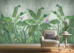 Пальмовые зеленые листья и попугаи, на серой стене