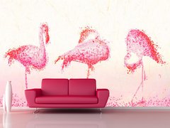 Trei flamingo abstracte roz pe un fundal de piersici1