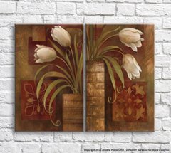 Белые тюльпаны в вазах на коричневом фоне, ретро, диптих