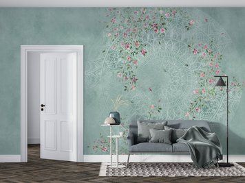 Flori și ornamente roz delicate pe un fundal turcoaz pastel