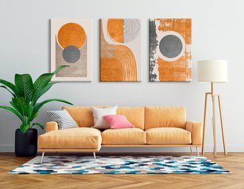 Triptih, geometric portocaliu strălucitor și bej abstracție