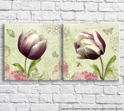 Фиолетово белые тюльпаны и бабочки на зеленом фоне, диптих