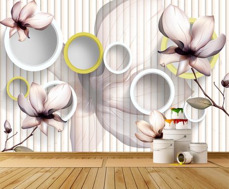 Fototapet 3D magnolii bej și cercuri alb-galbui