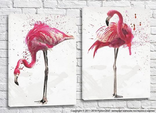 Розовые рисованные фламинго в брызгах на холсте