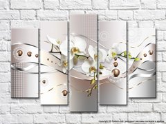 Абстракция с веткой белой орхидеи на серо пудровом фоне