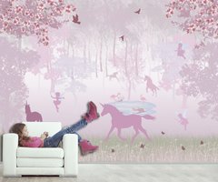 Единороги и феи в розовом цветущем лесу