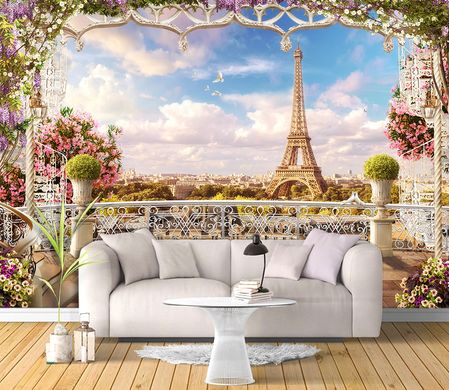Balcon cu plante cu flori și vedere la Turnul Eiffel