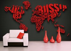 Красные континенты из названий стран мира на темном фоне карты