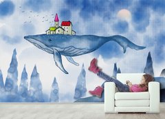 Фантезийный пейзаж с летающим китом на синем фоне неба