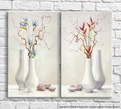Ветви в белых вазах на белом фоне, натюрморт, диптих
