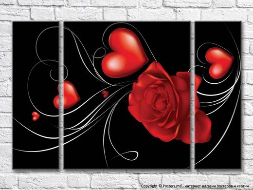Красная роза и сердца на черном фоне1