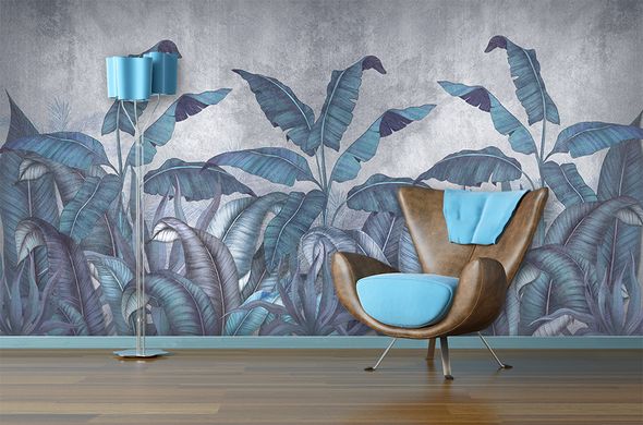 Пальмовые синие листья, на серой стене