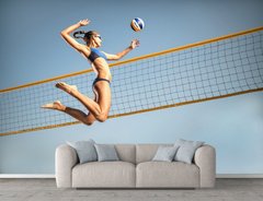 Волейболистка с мячом на фоне сетки