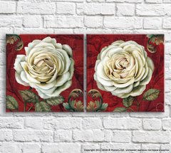Бутон белой розы на красном фоне с узорами, диптих