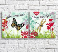 Красочная бабочка и стрекоза на фоне полевых цветов, диптих
