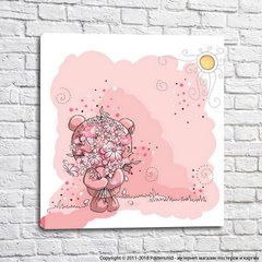 Розовый Мишка Тедди с цветами на розовом фоне