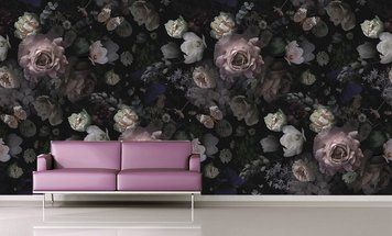 Abstracție florală și fluturi pe fundal negru