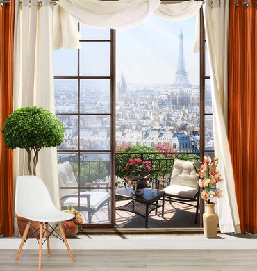 Fereastră cu perdele și balcon cu vedere la Paris
