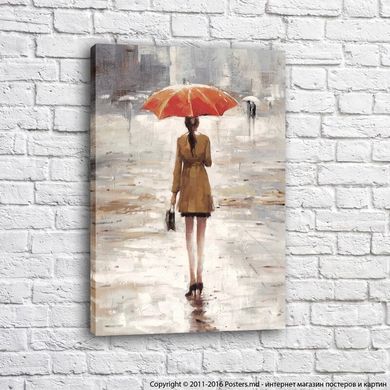 Fată într-o haină scurtă de ploaie, cu o umbrelă roșie