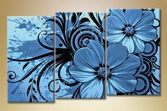 Triptic, flori abstracte albastre