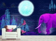 Elefant violet sub lună într-o pădure întunecată