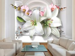 3Д цветы на фоне колоннады в классическом стиле
