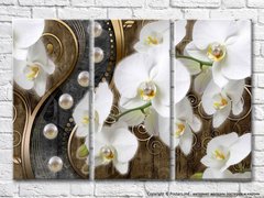 Белая орхидея с жемчужинами на бронзовом фоне