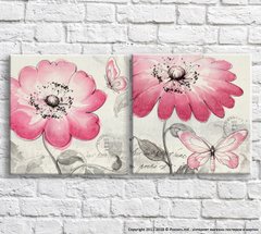 Розовые полевые цветы и бабочки на черно белом фоне, винтаж, диптих