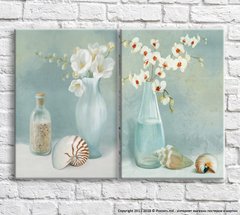Белые цветы в вазах и ракушки на бледно голубом фоне, диптих