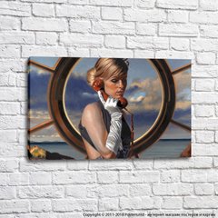 Девушка с телефонной трубкой на фоне моря и неба