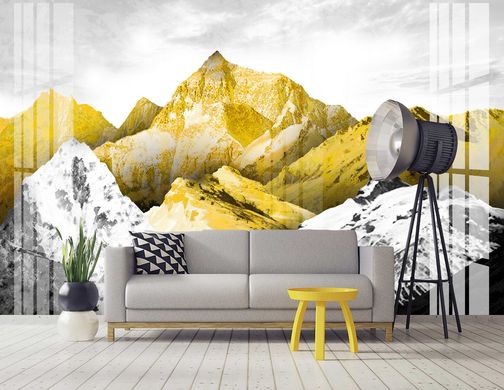 Lanț de munți în nuanțe de galben și alb pe un fundal gri