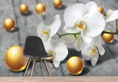 Крупные белые орхидеи на фоне серого пола и 3Д шары