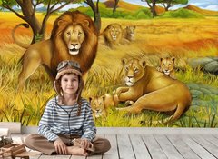 Лев и его семейство на фоне желтого поля