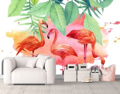 Flamingo pe un fundal de frunze verzi de plante tropicale
