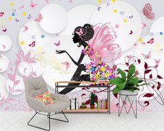 Цветочная фея на абстрактном фоне с цветами и бабочками