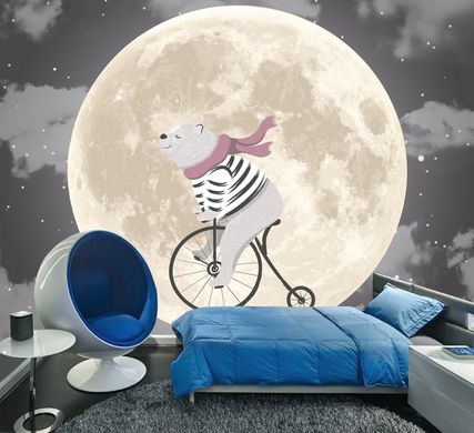 Un urs cu o eșarfă pe o bicicletă pe fundalul lunii și al cerului înstelat