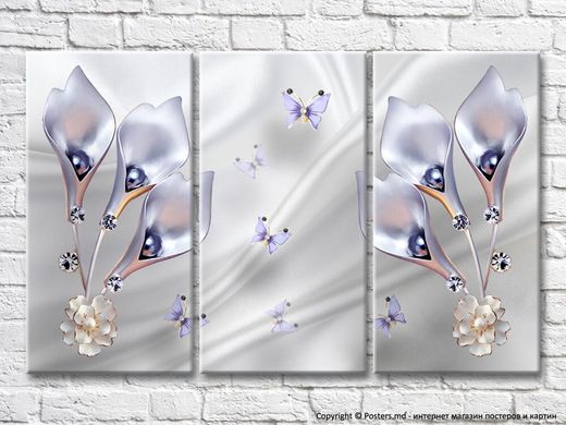 Flori de perle și fluturi violet pe un fundal de mătase