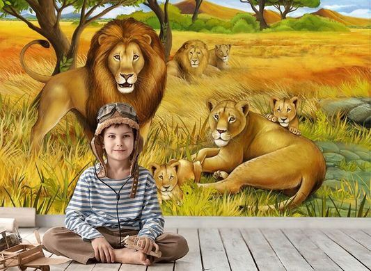 Leul și familia lui pe fundalul unui câmp galben